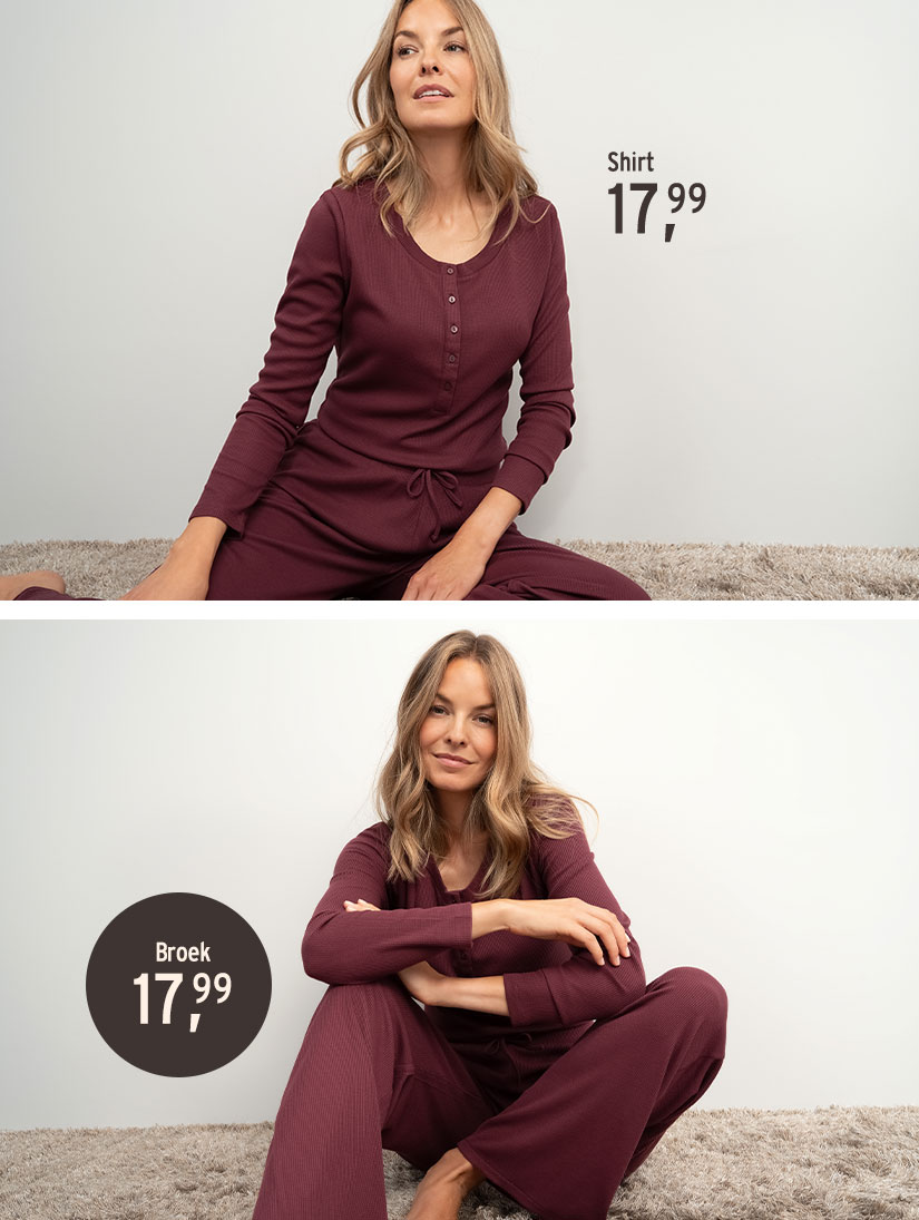 Loungeshirt & loungebroek in bordeauxrood