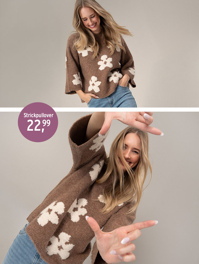 Strickpullover mit Blumen in braun