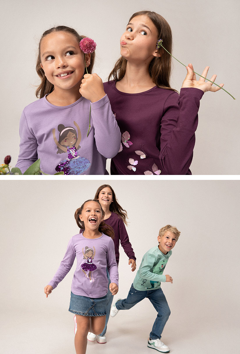 Bunte Langarmshirts mit Wendepailletten für Mädchen und Jungen