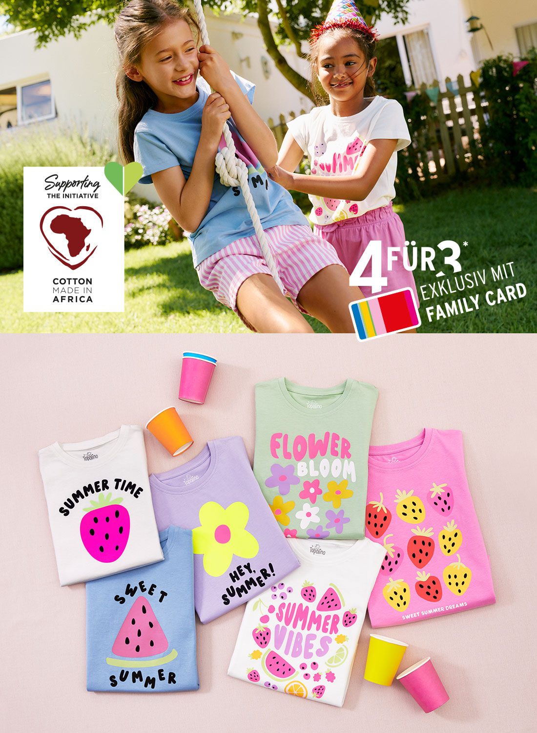 bunte Kinder-T-Shirts mit fruchtigen und blumigen Sommerprints