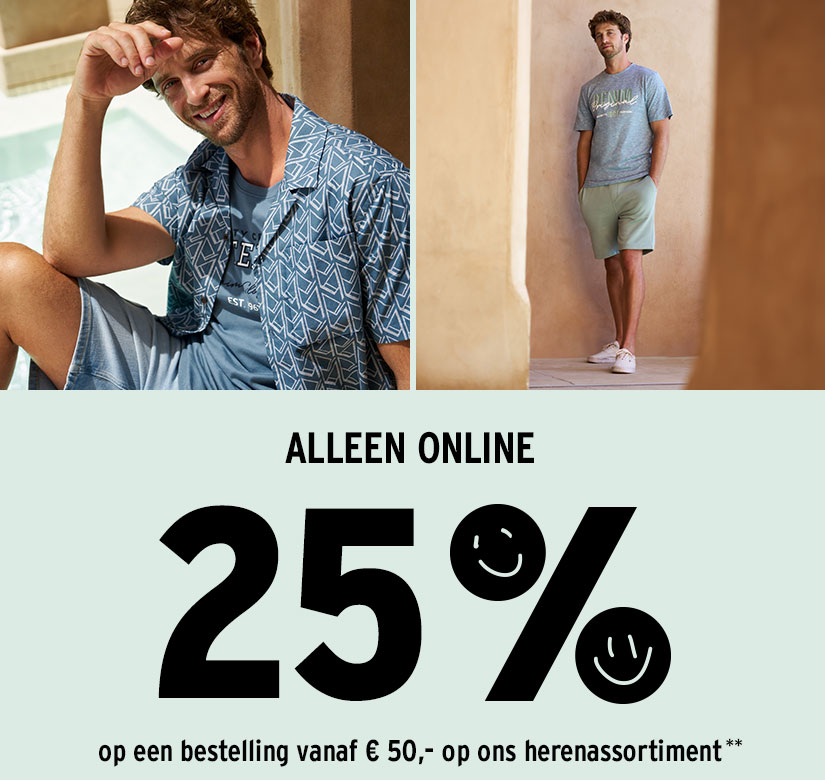25% korting op herenkleding vanaf 50 € bestelwaarde