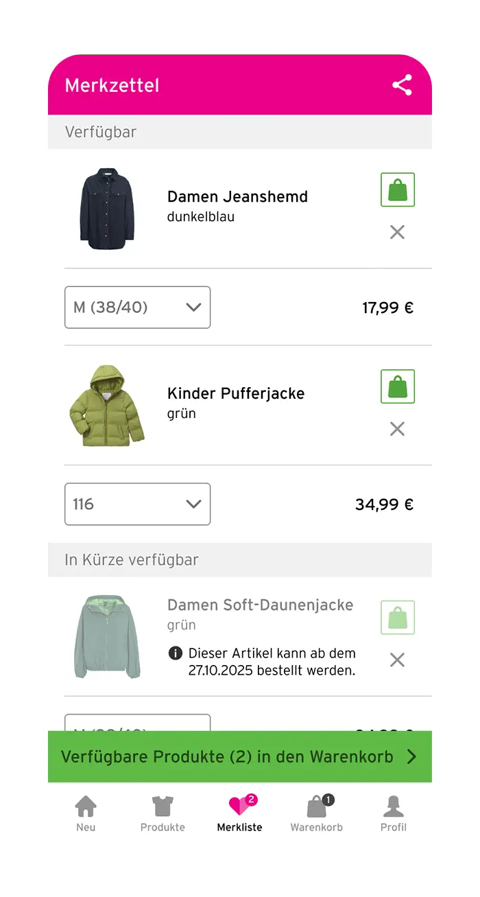 App-Screenshot: Produkte merken