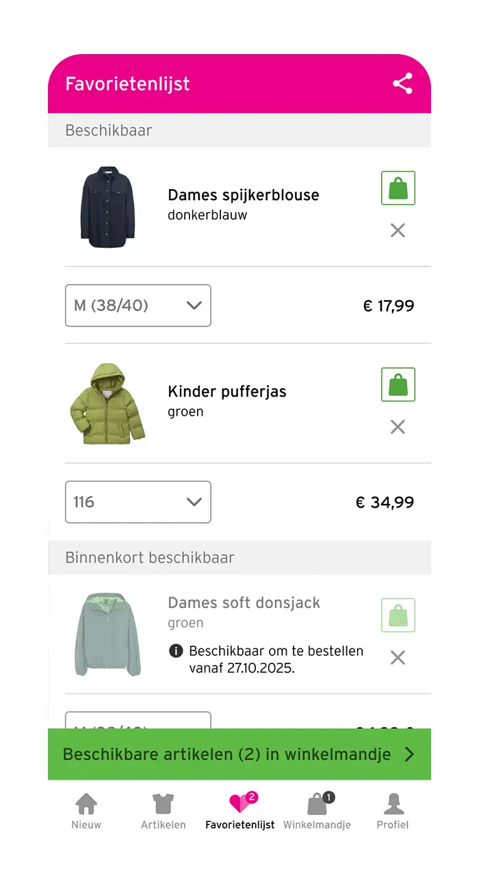 App screenshot: Artikelen toevoegen aan favorietenlijst